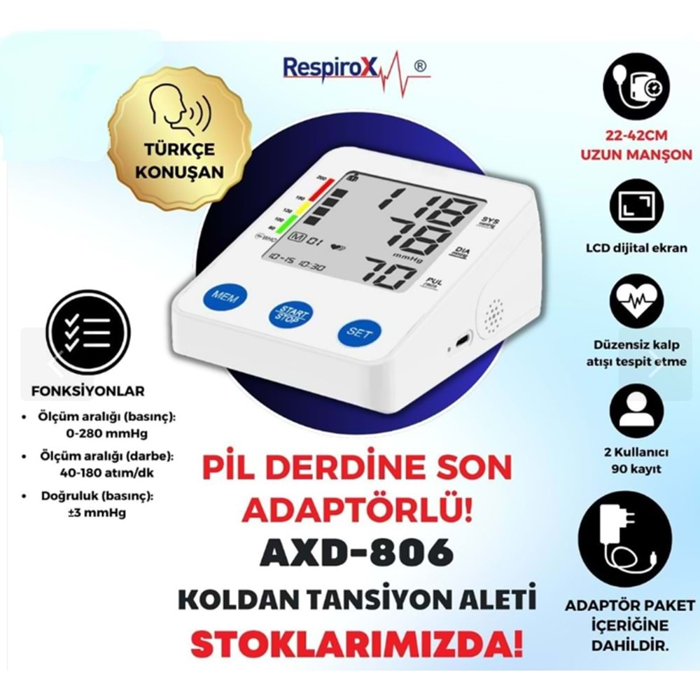 RESPİROX KOLDAN KONUŞAN TANSİYON ALETİ AXD-806 PİLLE VE ŞARJLA ÇALIŞAN 2 YIL GARANTİLİ