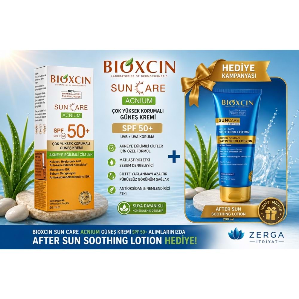 BİOXCİN GÜNEŞ KREMİ SUN CARE SPF50+ AKNEYE EĞİMLİ CİLTLER İÇİN 50 ML+ GÜNEŞ LOSYONU HEDİYE