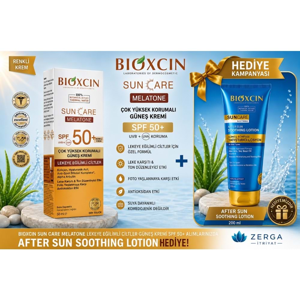 BİOXCİN GÜNEŞ KREMİ SUN CARE SPF50+ (MELATONE) LEKEYE EĞİMLİ CİLTLER İÇİN 50 ML + GÜNEŞ LOSYONU HEDİYELİ