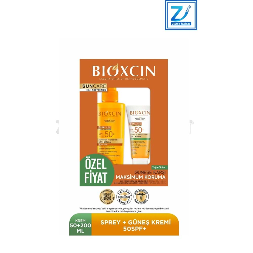 BİOXCİN SUN CARE YÜZ GÜNEŞ KREMİ SPF50+ 50 ML+ VÜCUT SPREYİ SPF50+ 200 ML YAĞLI VE KURU CİLTLER