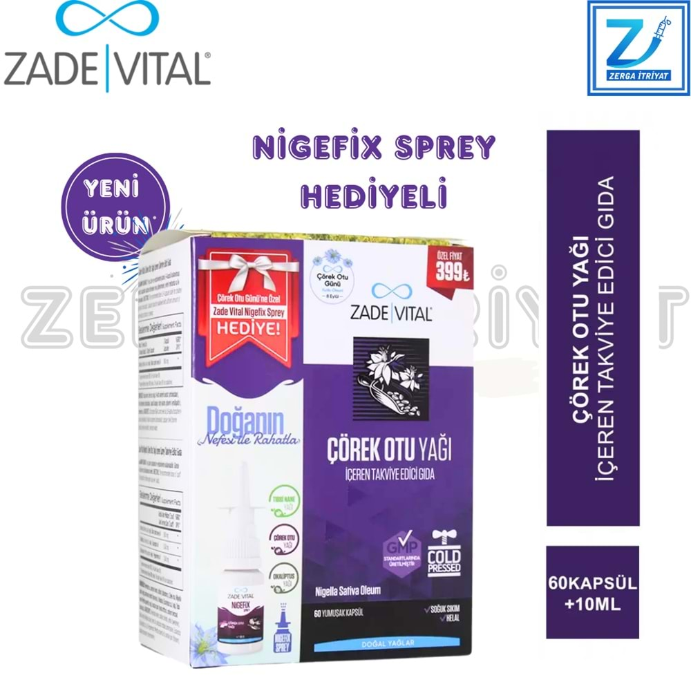 ZADE VİTAL ÇÖREK OTU YAĞI 60 KAPSÜL+NİGEFİX SPREY HEDİYELİ 10 ML