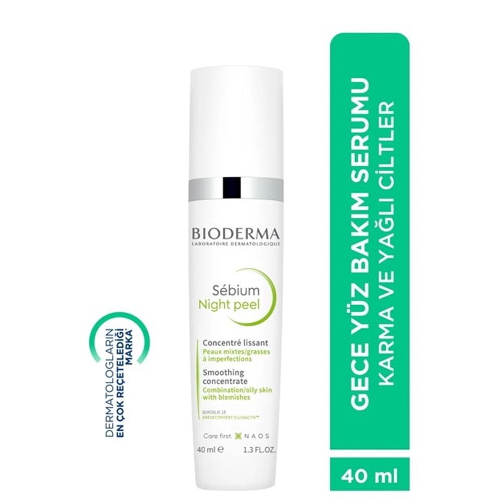 BİODERMA SEBİUM NİGHT PEEL YAĞLI AKNE EĞİLİMLİ CİLTLER GLİKOLİK ASİT İÇEREN PEELİNG ETKİLİ GECE SERUMU 40 ML