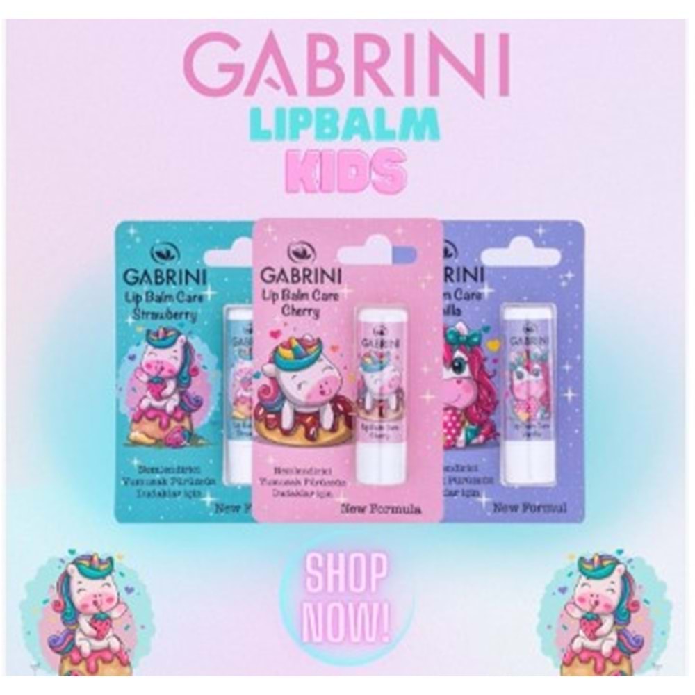 GABRİNİ KİDS DUDAK NEMLENDİRİ 24 LÜ KARIŞIK STAND BÖĞÜRTLEN-ÇİLEK-PAMUK ŞEKERİ-KARIŞIK MEYVE