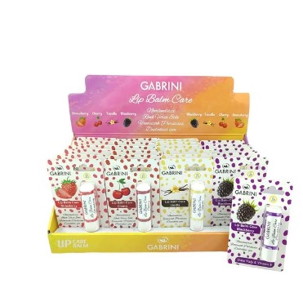 GABRİNİ DUDAK NEMLENDİRİCİSİ 24 LÜ KARIŞIK STAND ÇİLEK-KİRAZ-VANİLYA-BÖĞÜRTLEN RENK VERİCİ ETKİ