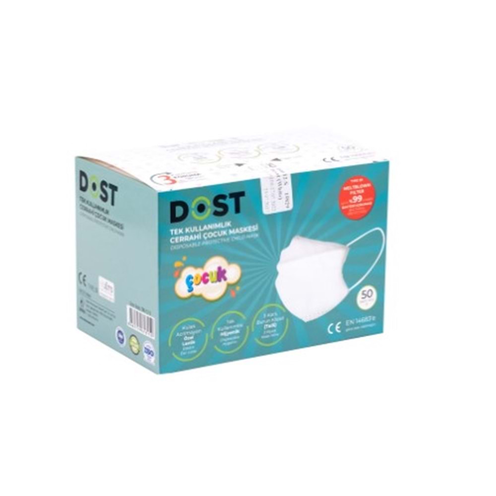 DOST MASKE CERRAHİ ÇOÇUK MASKESİ 50'Lİ BEYAZ