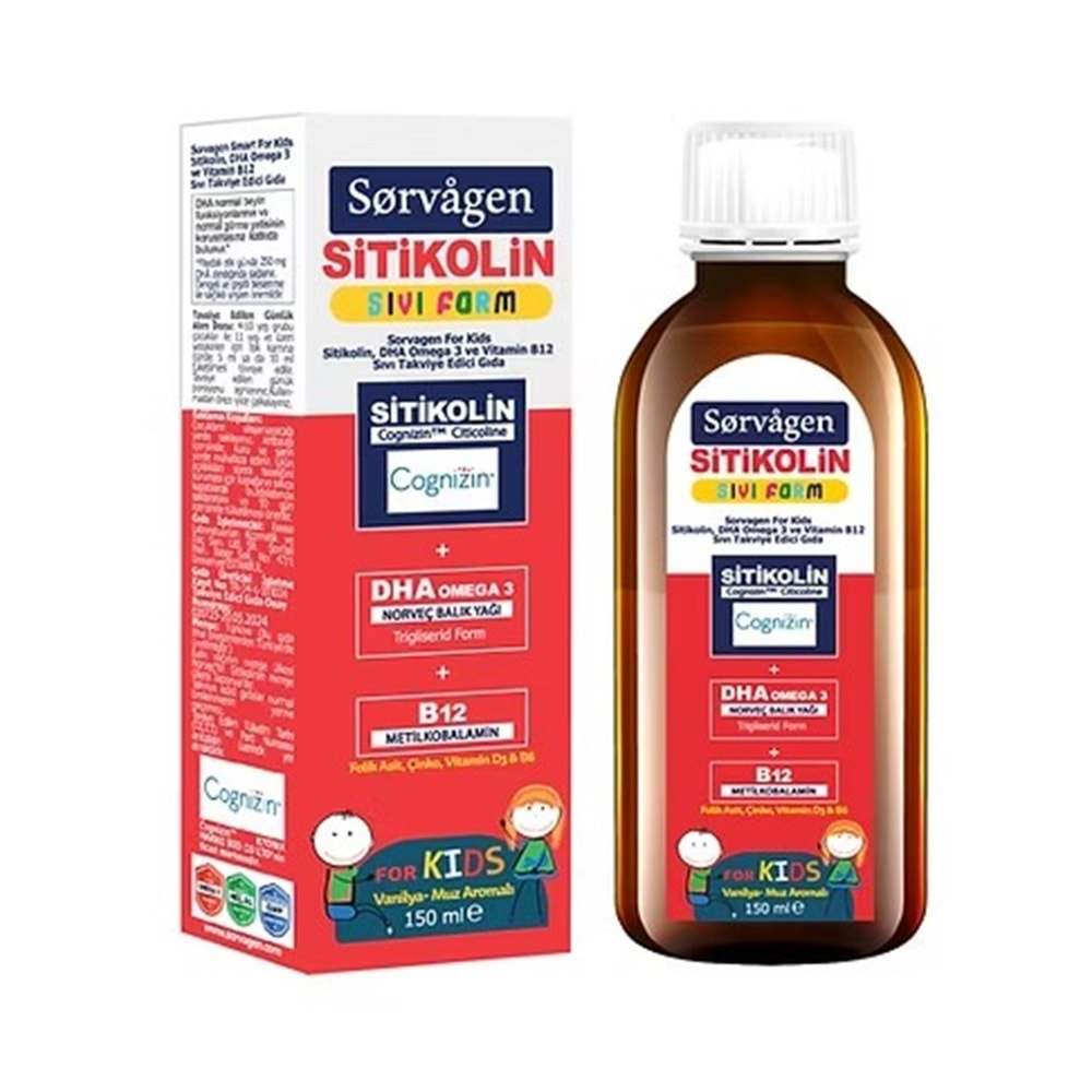 SORVAGEN SMART KİDS SIVI FORM SİTİKOLİN DHA OMEGA 3 NORVEÇ BALIK YAĞI VE B12 150 ML ŞURUP