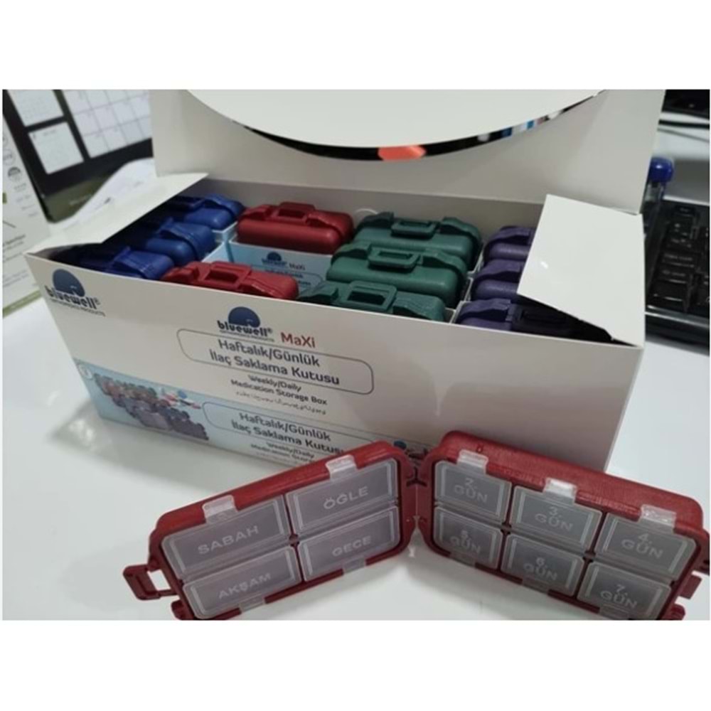 BLUEWELL MAXİ GÜNLÜK-HAFTALIK İLAÇ KUTUSU 12 Lİ STANT