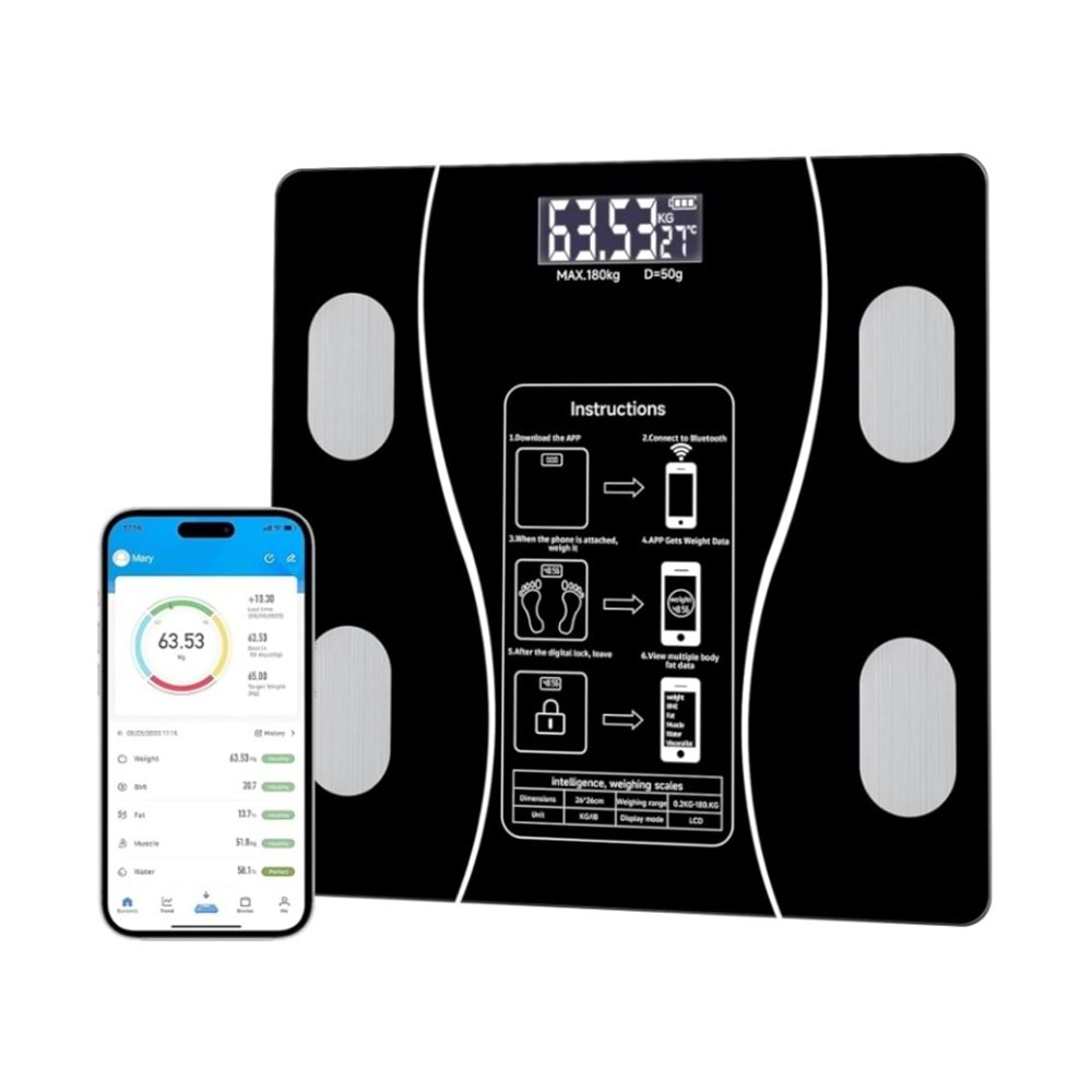 EMTU LİFE AKILLI DİJİTAL BANYO BASKÜLÜ TARTI VÜCUT ANALİZ LCD EKRAN (YAĞ-KAS-SU-KİLO)