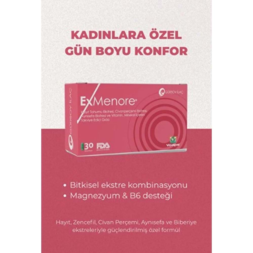 EXMENORE BİTKİ EKSTRELERİ, MAGNEZYUM VE VİTAMİN B6 İÇEREN TAKVİYE EDİCİ GIDA