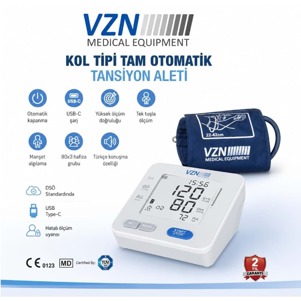 VZN KOL TİPİ KONUŞAN DİJİTAL TANSİYON ALETİ LT-P30 GENİŞ MANŞON IŞIKLI LCD EKRAN