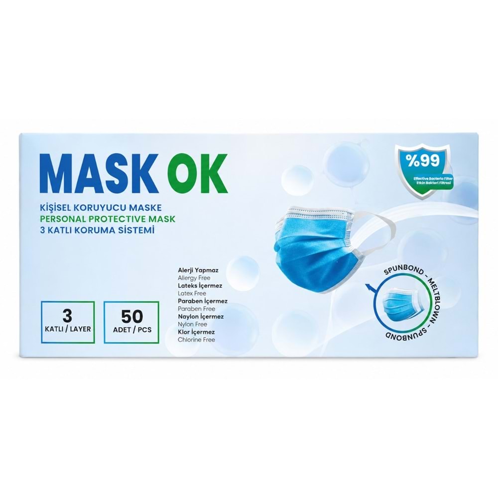 MASK OK CERRAHİ MASKE BEYAZ 50 Lİ KUTU