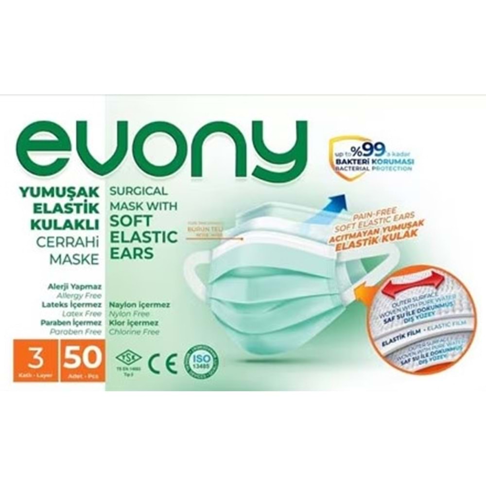 EVONY 3 KATLI ULTRASONİK CERRAHİ MASKE TELLİ 50'Lİ