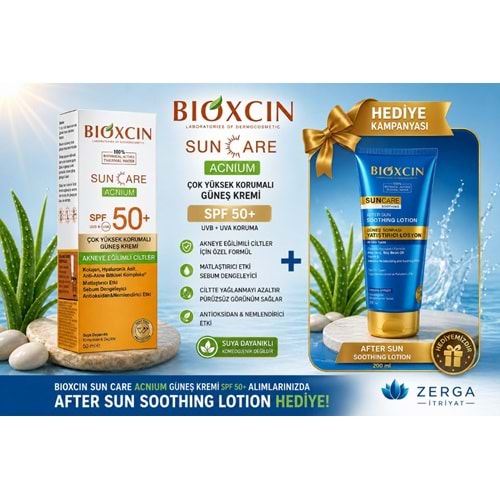 BİOXCİN GÜNEŞ KREMİ SUN CARE SPF50+ AKNEYE EĞİMLİ CİLTLER İÇİN 50 ML+ GÜNEŞ LOSYONU HEDİYE