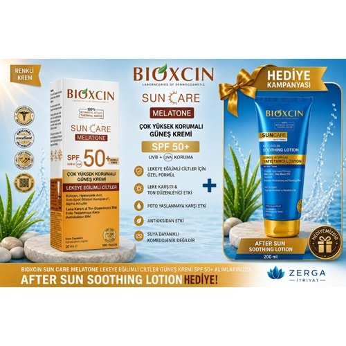 BİOXCİN GÜNEŞ KREMİ SUN CARE SPF50+ (MELATONE) LEKEYE EĞİMLİ CİLTLER İÇİN 50 ML + GÜNEŞ LOSYONU HEDİYELİ