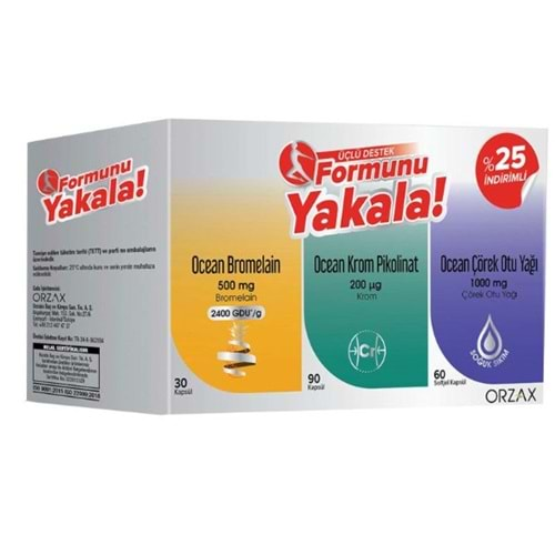 OCEAN FORMUNU YAKALA % 25 İNDİRİMLİ 3 LÜ SET ( BROMELAİN 30 KAPSÜL + KROM PİKOLİNAT 90 KAPSÜL + ÇÖREK OTU YAĞI 60 KAPSÜL )