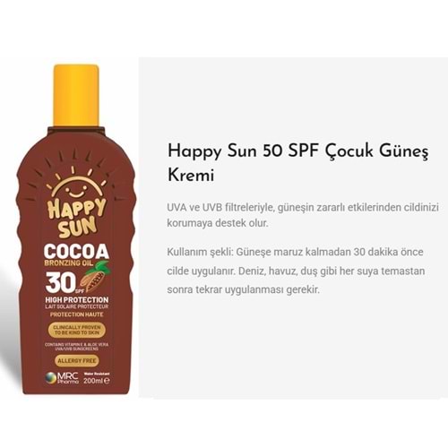 MRC PHARMA HAPPYSUN SPF COCOA 30 GÜNEŞ KREMİ YAĞI 200 ML SPREY