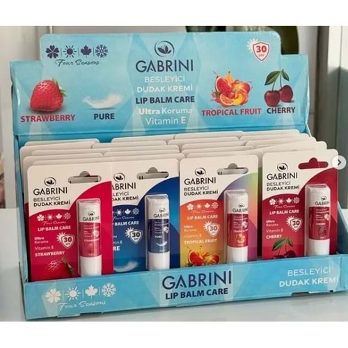 GABRİNİ DUDAK NEMLENDİRİCİSİ 24 LÜ KARIŞIK STAND ÇİLEK-VİTAMİN E -KARIŞIK MEYVE-KİRAZ