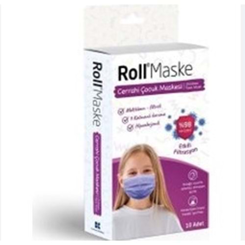 ROLL 3 KATLI KIZ ÇOCUK MOR CERRAHİ MASKE TELLİ 10'LU