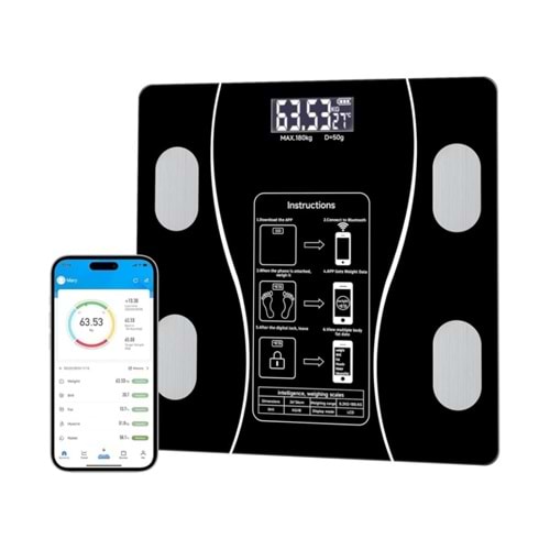 EMTU LİFE AKILLI DİJİTAL BANYO BASKÜLÜ TARTI VÜCUT ANALİZ LCD EKRAN (YAĞ-KAS-SU-KİLO)