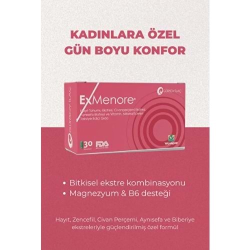 EXMENORE BİTKİ EKSTRELERİ, MAGNEZYUM VE VİTAMİN B6 İÇEREN TAKVİYE EDİCİ GIDA