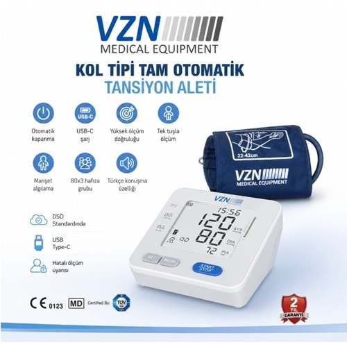 VZN KOL TİPİ KONUŞAN DİJİTAL TANSİYON ALETİ LT-P30 GENİŞ MANŞON IŞIKLI LCD EKRAN
