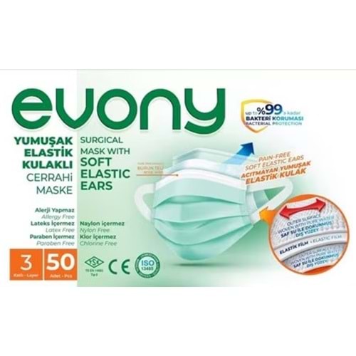 EVONY 3 KATLI ULTRASONİK CERRAHİ MASKE TELLİ 50'Lİ