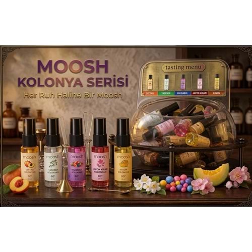 MOOSH KARMA KOLONYA SPREY FANUS 20 ML 40'LI - BİG BABOL + KAVUN + YASEMİN + ŞEFTALİ + JAPON KİRAZI